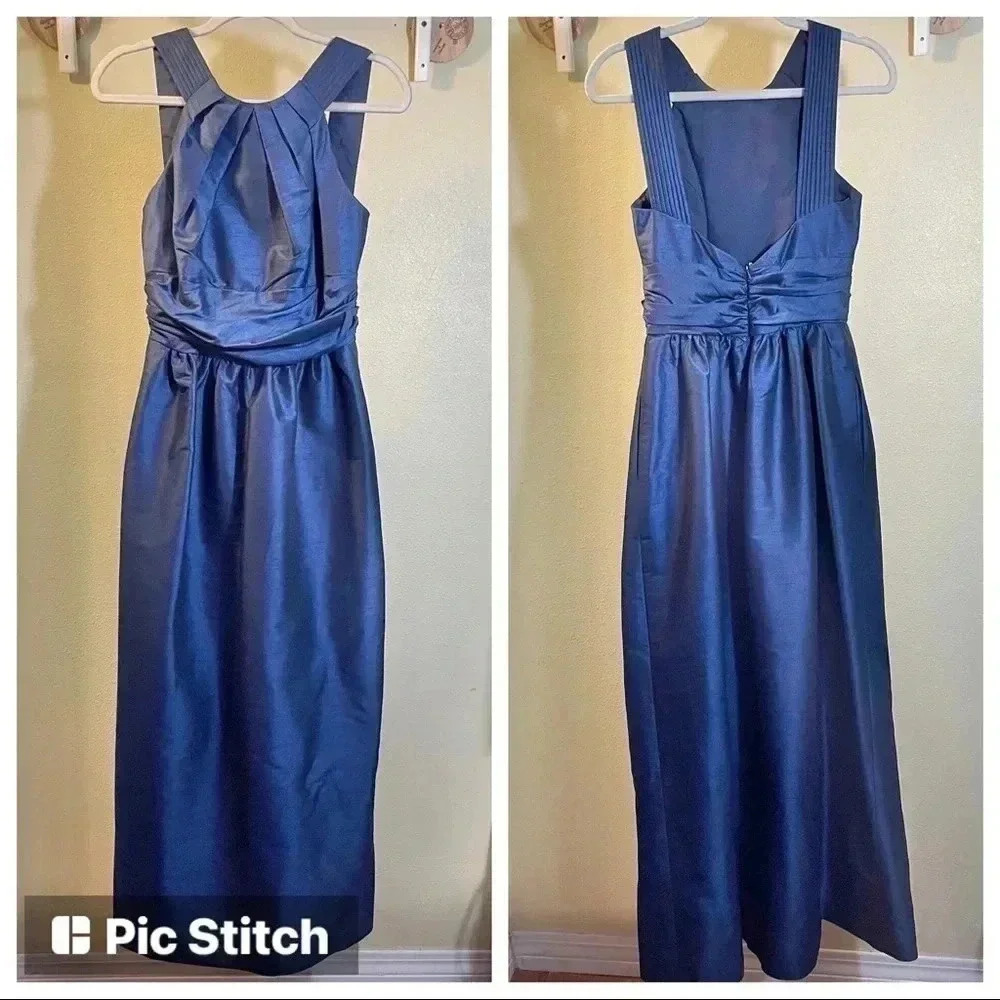 Alfred Sung Halter Style Low Back Dupioni Bridesmaid Gown Prom Navy Blue Sz 4